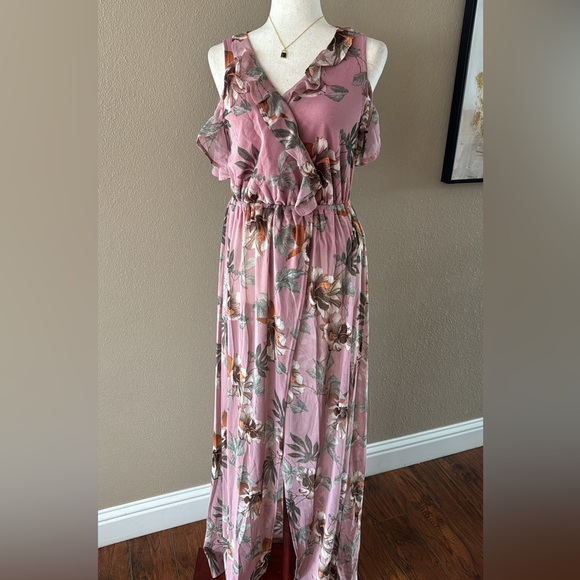 Mauve floral print dress ruffle dress - Picture 3 of 6